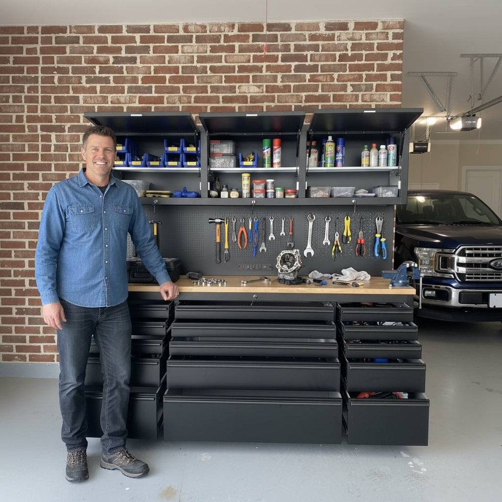 72" Rolling Tool Chest with Power Strip, Workbench, Upper Cabinets & Pegboard