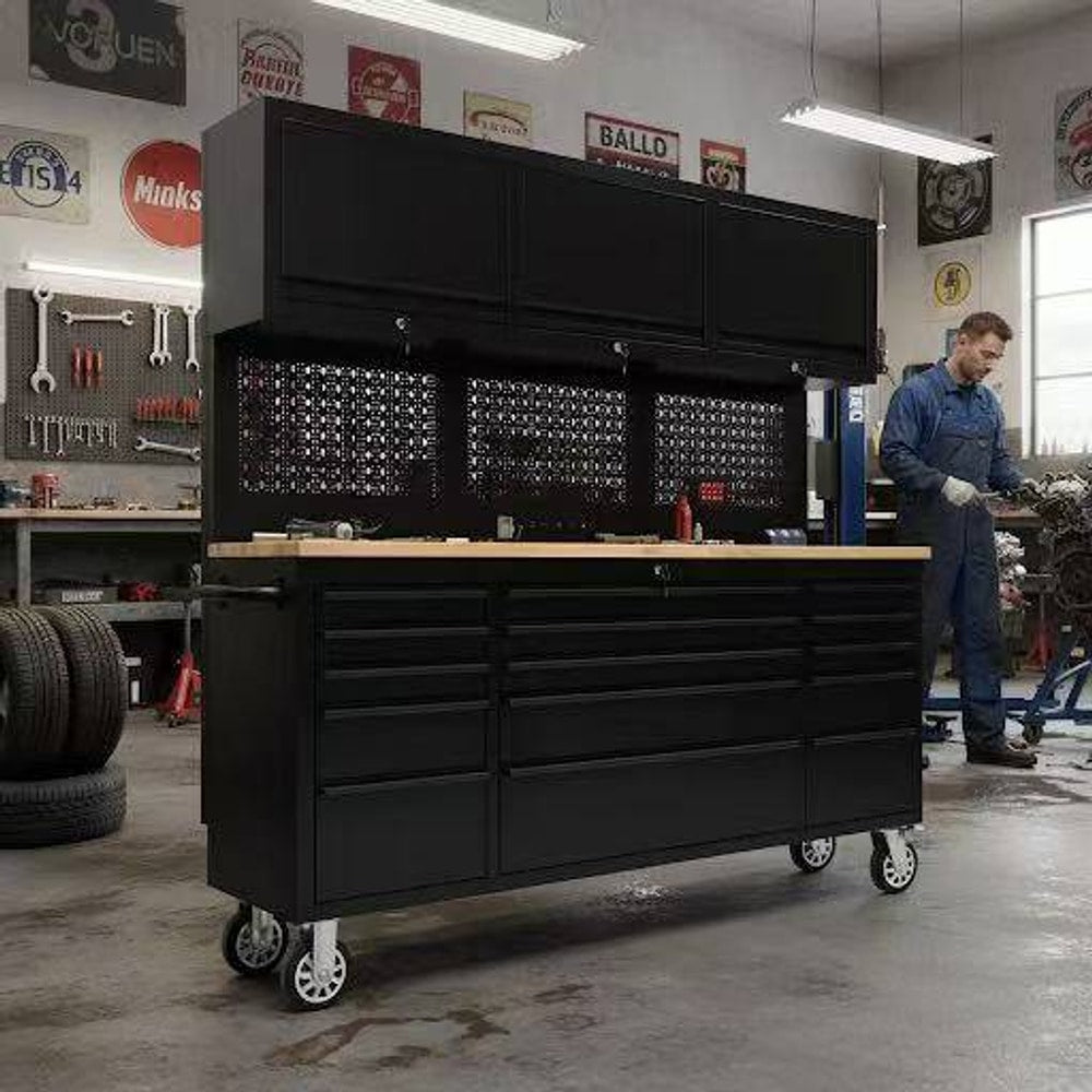 72" Rolling Tool Chest with Power Strip, Workbench, Upper Cabinets & Pegboard