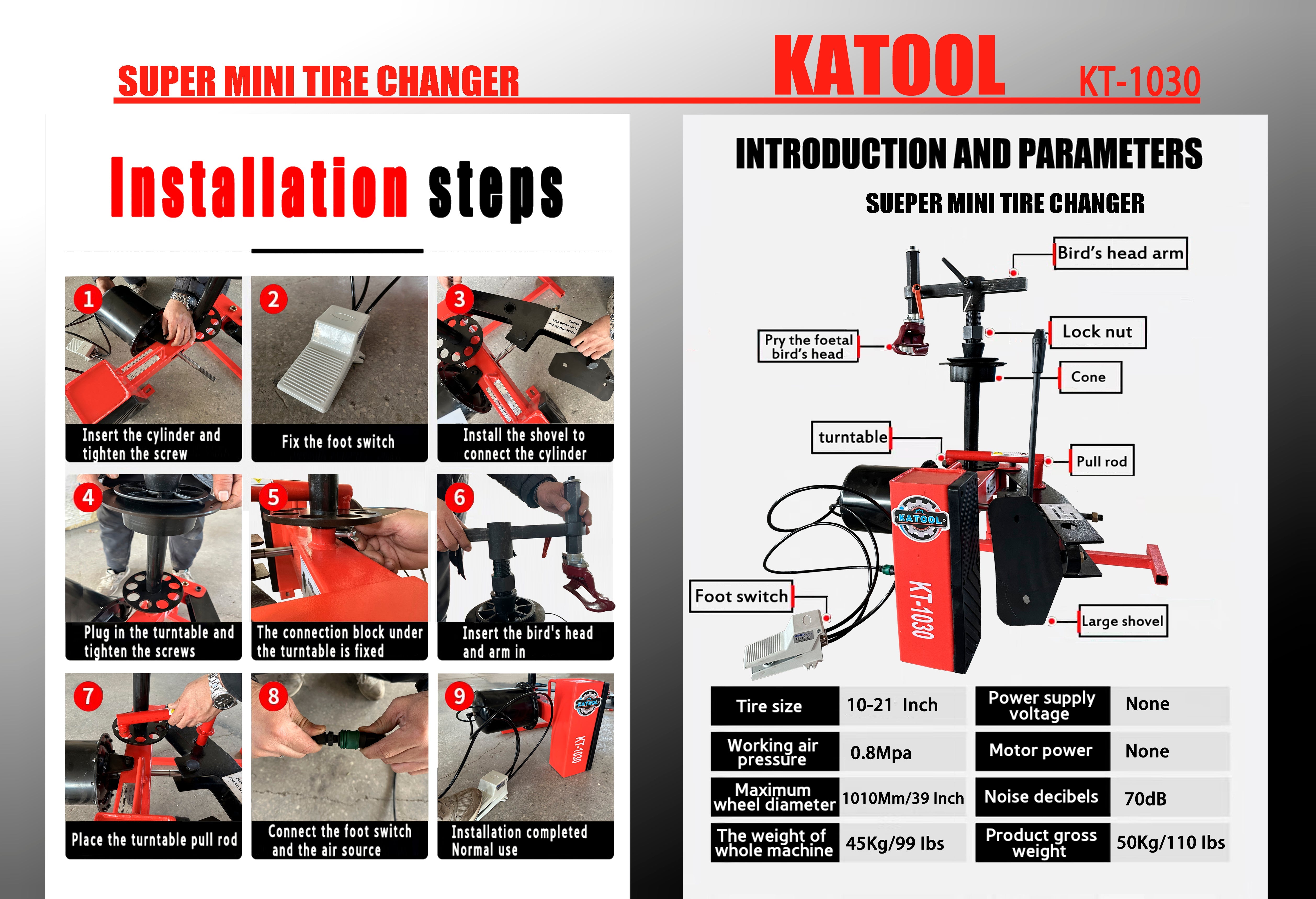 Katool KT-1030P Mini Tire Changer Machine for 10"-21" Rims