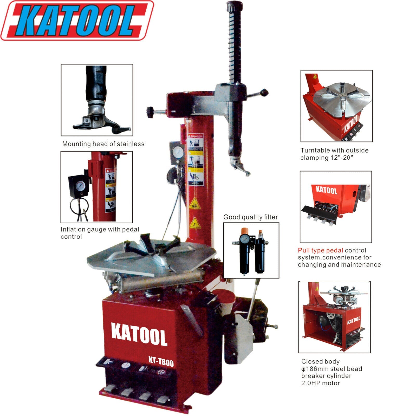 Katool KT-T800 Swing Arm Tire Changer, Max 24" Rim Clamping