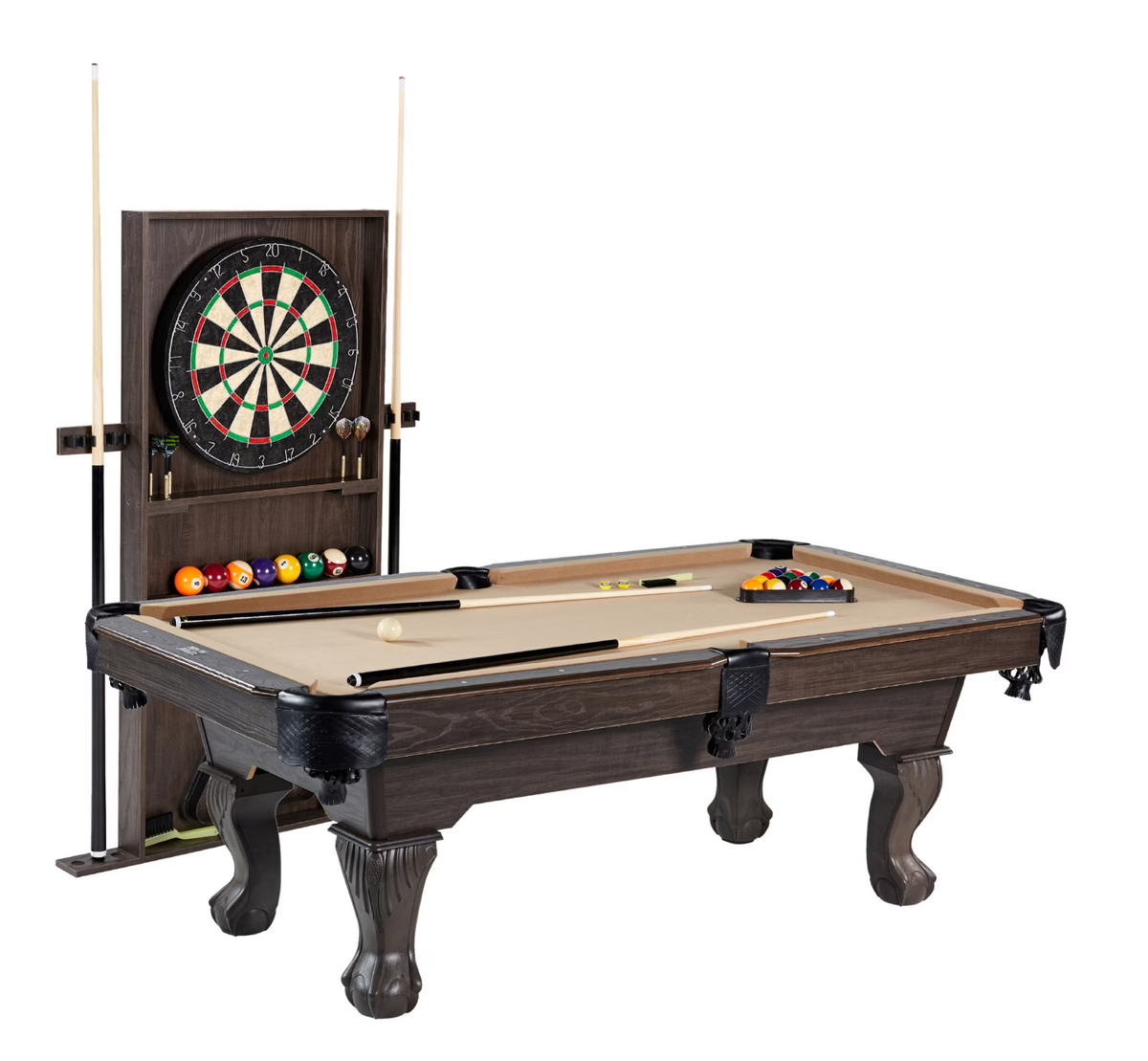7.5 Ft Billiard Pool Table with Cue Rack, Dartboard, and Game Accessories, Burgundy, by