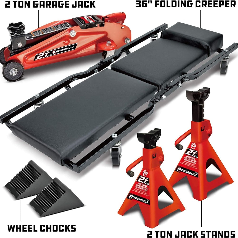 Powerbuilt 6 Piece Car Jack and Garage Creeper Service Set, 2 Ton Vehicle Lift, Jackstands, Folding Creeper, Wheel Chocks, Car Repair Garage Equipment - 640816, Large, Red