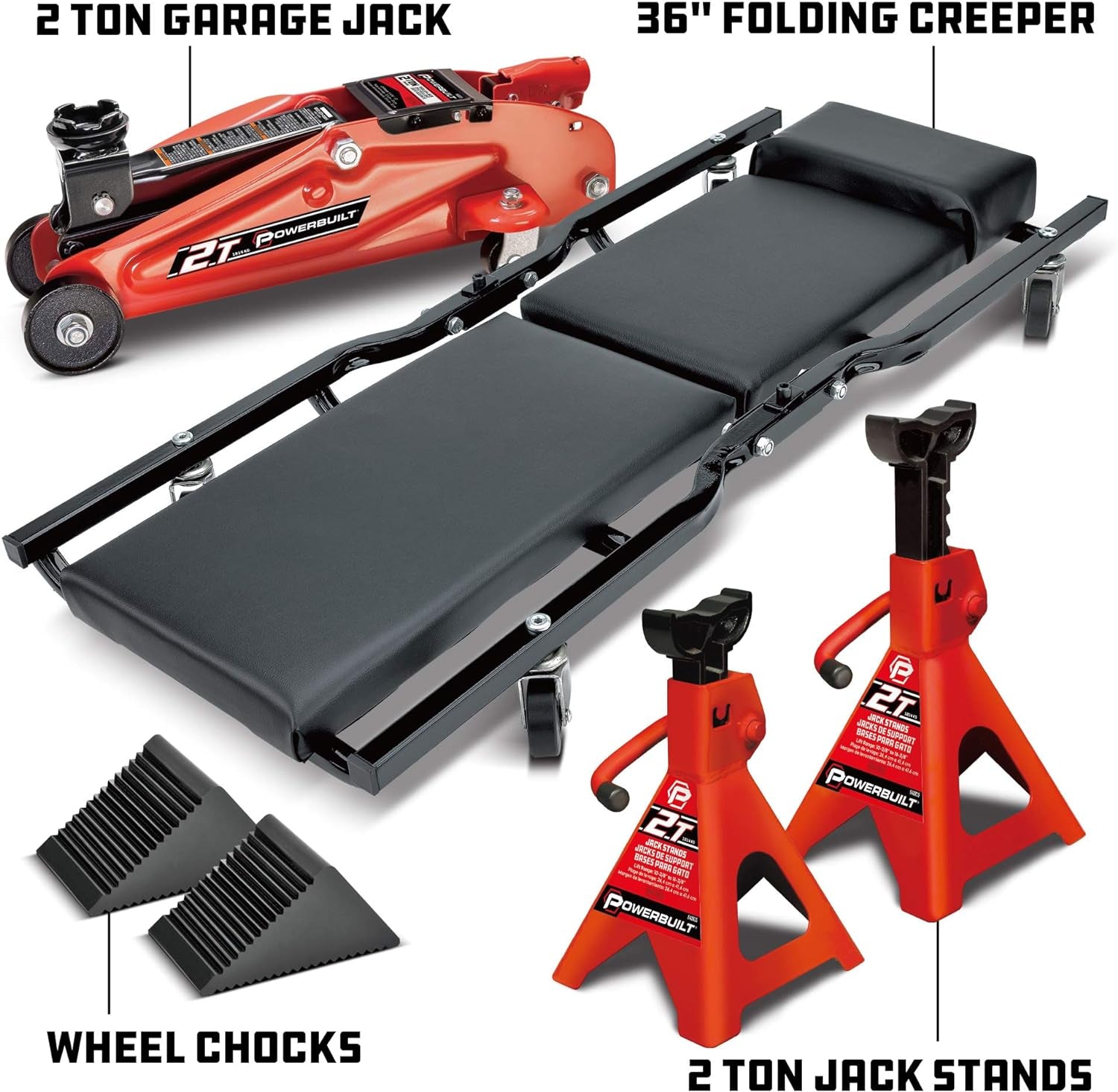 Powerbuilt 6 Piece Car Jack and Garage Creeper Service Set, 2 Ton Vehicle Lift, Jackstands, Folding Creeper, Wheel Chocks, Car Repair Garage Equipment - 640816, Large, Red