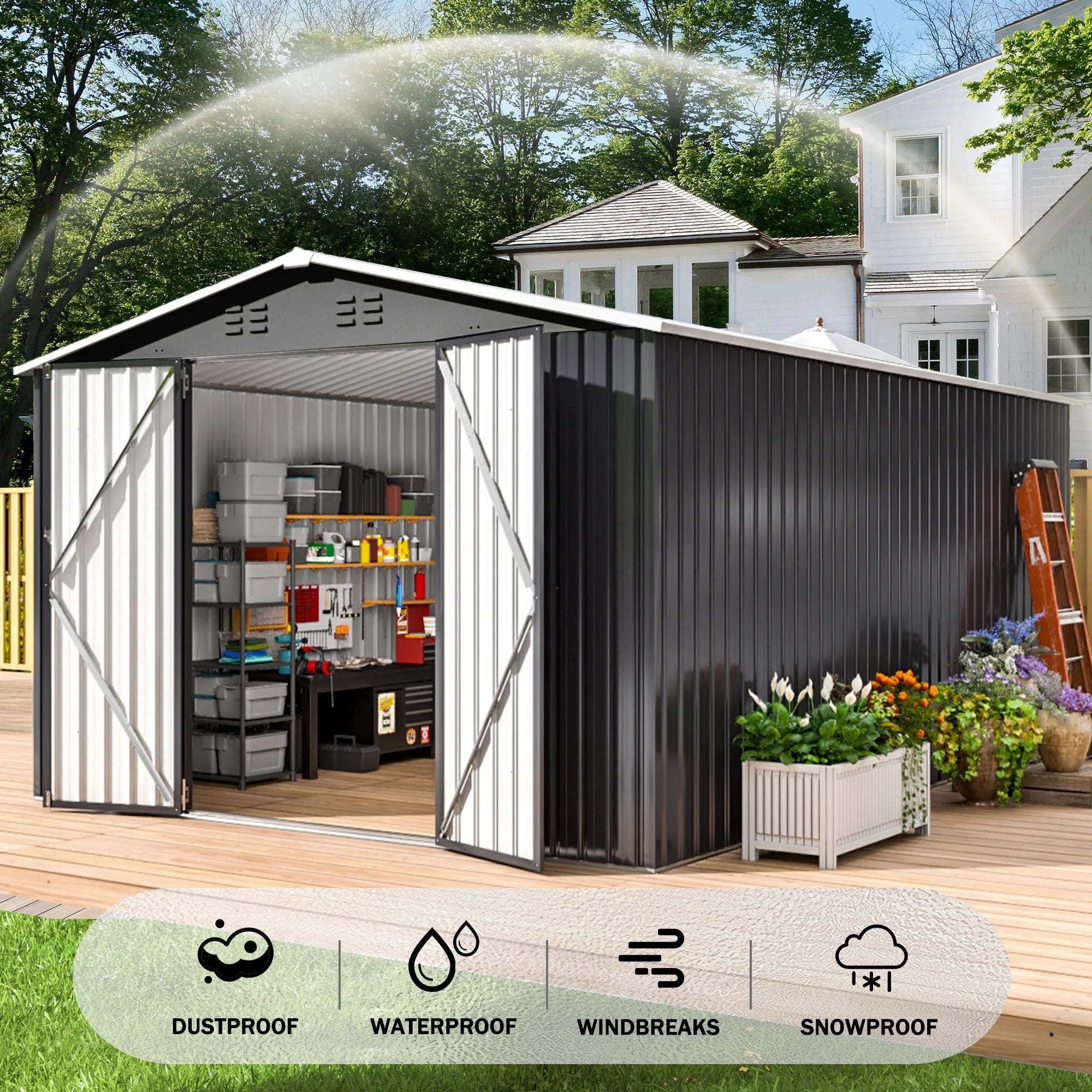 10'X14' Outdoor Metal Shed , Storage Shed with Updated Frame, Lockable Doors & Sliding Roof for Backyard, Garden, Black