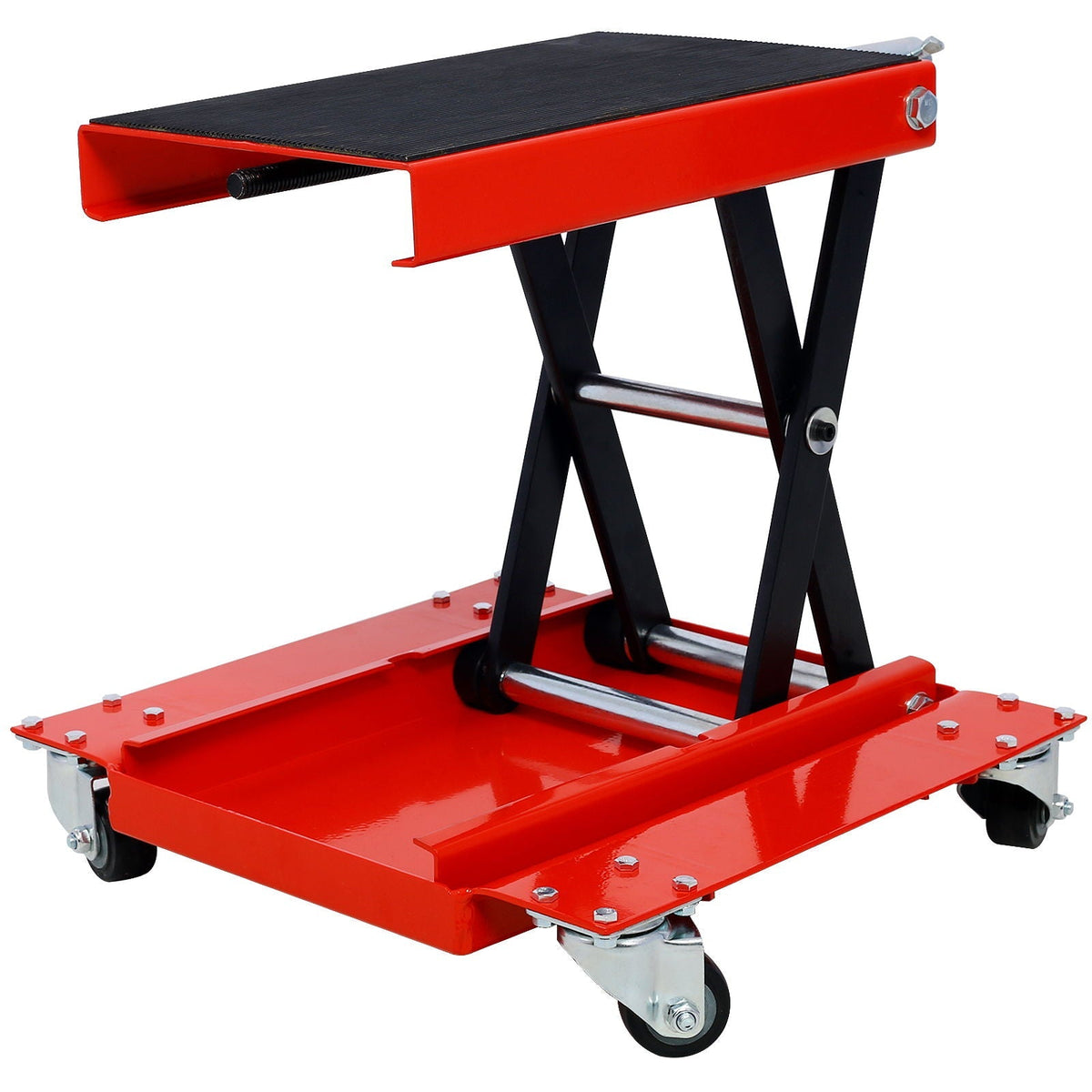 Heavy Duty Motorcycle Lift Jack With Dolly Tray And Wide Deck - Red