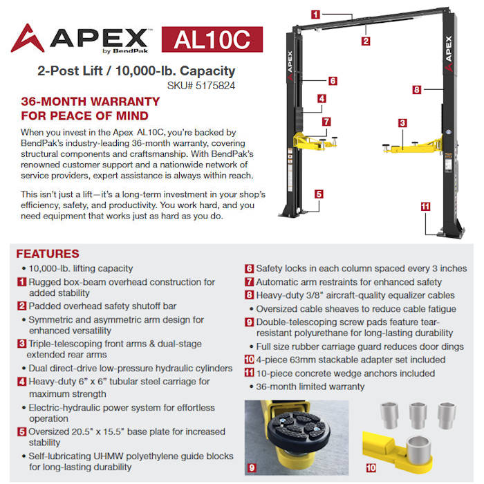 APEX AL10C Clearfloor Two Post Car Lift