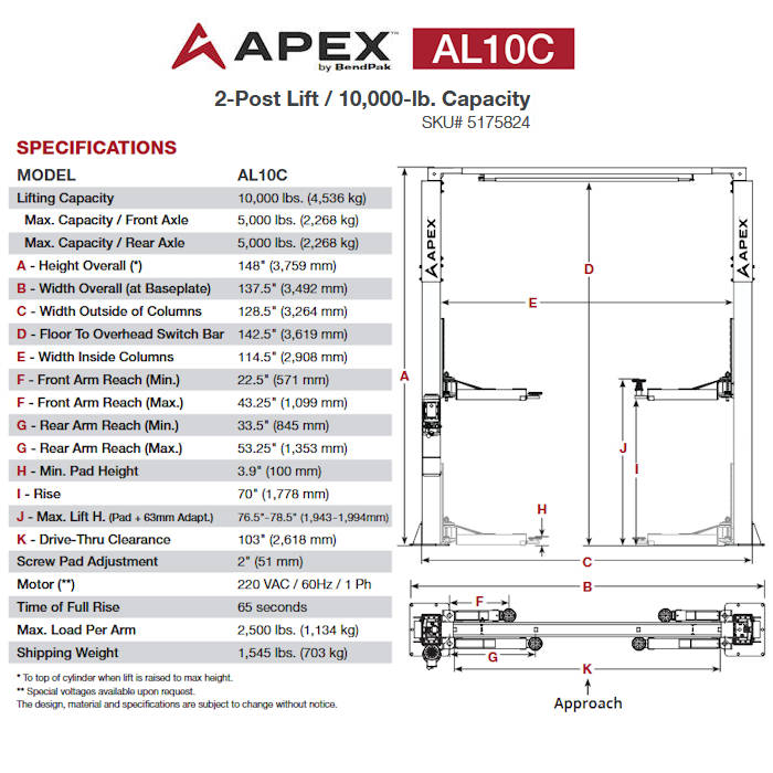 APEX AL10C Clearfloor Two Post Car Lift