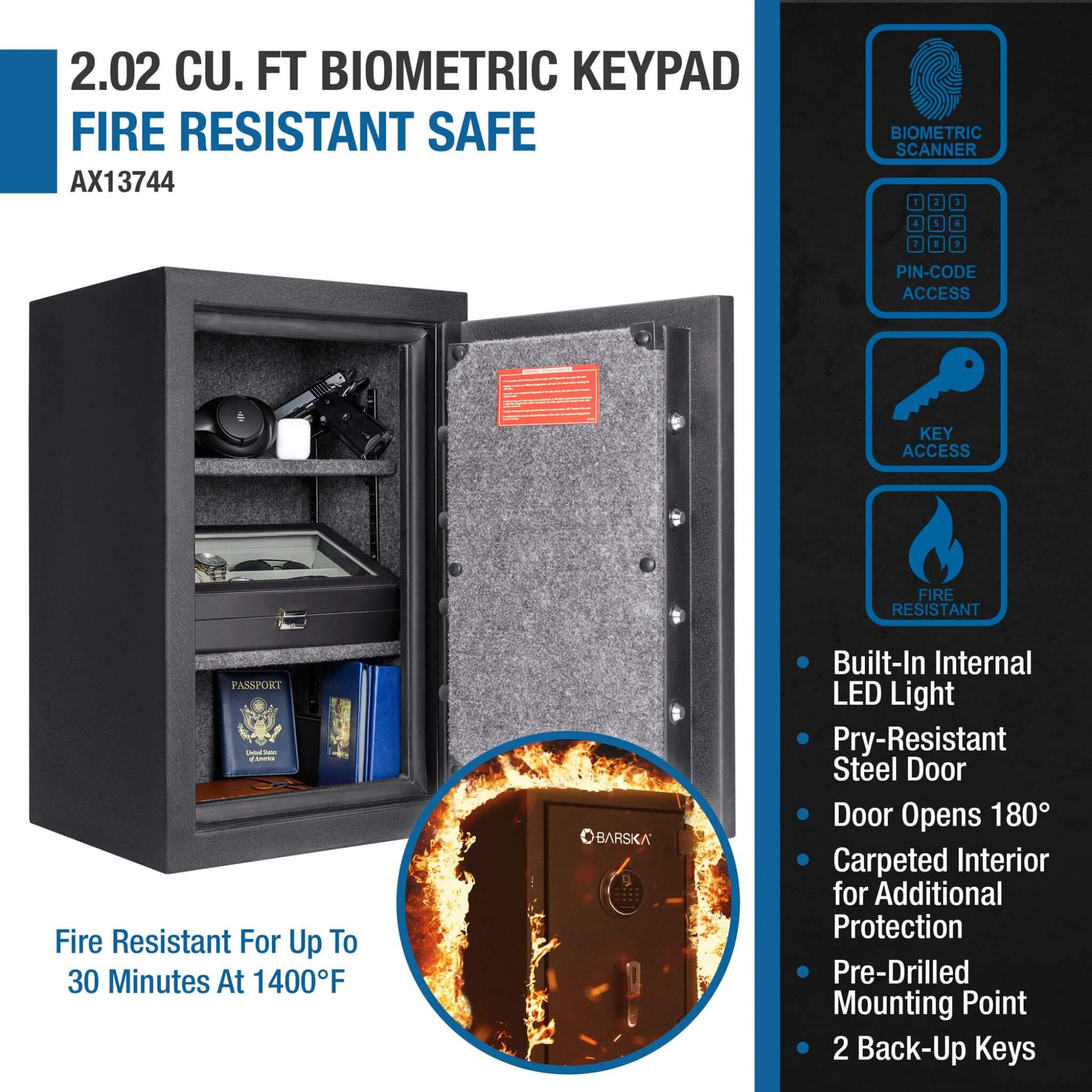 Barska 2.02 CF Heavy-Duty Fire Resistant Safe With Biometric Keypad
