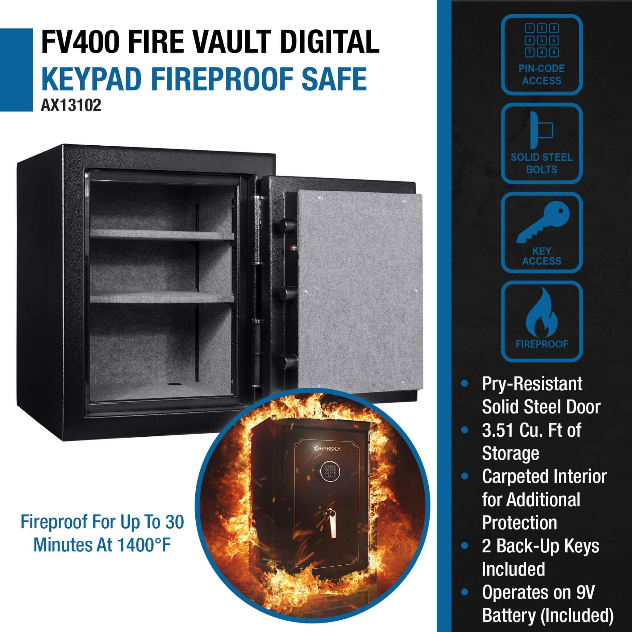 Barska 3.51 CF Heavy-Duty Steel Fireproof Safe Vault With Electronic Lock