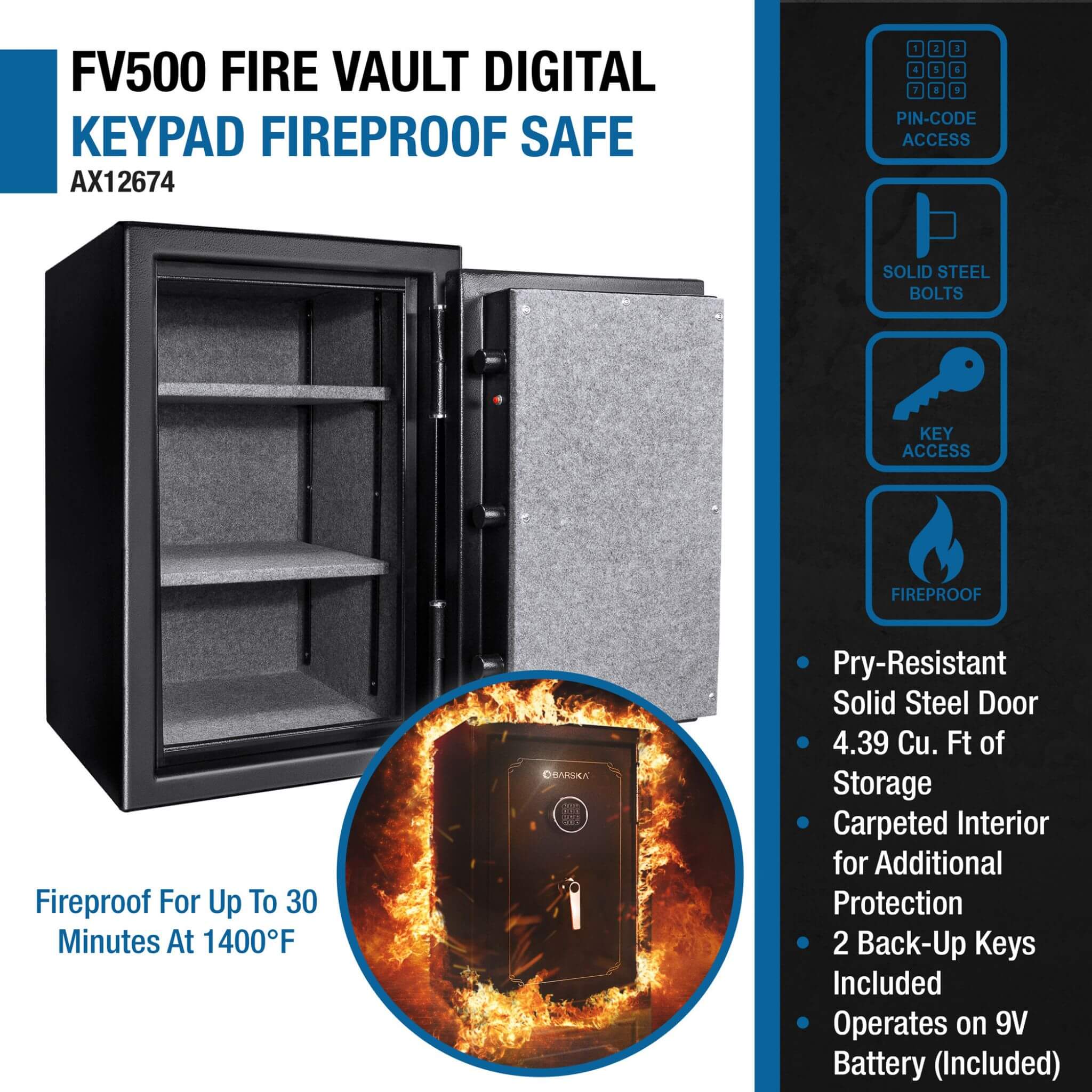 Barska 4.39 CF Heavy-Duty Steel Fireproof Safe Vault With Digital Keypad