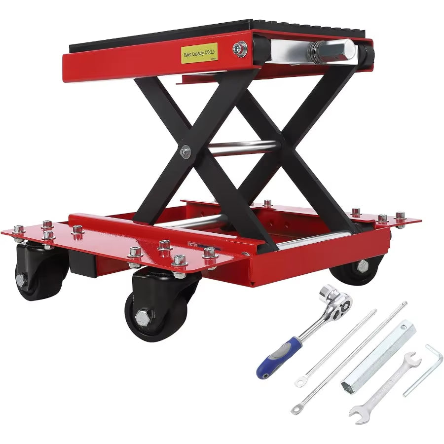 1200Lbs Motorcycle Jack with Dolly for Dirt Bike ATV Cruiser Bikes Scissor Lift Hoist Stand with Wide Deck and Safety Pin Ideal
