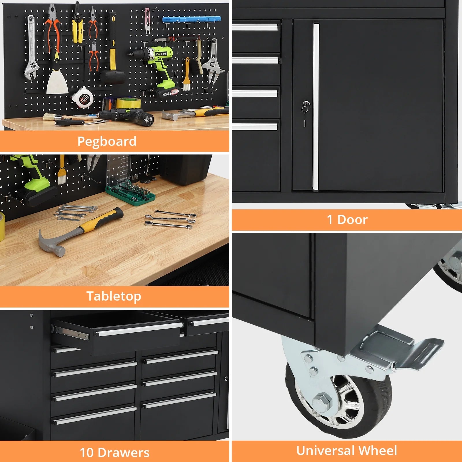 61" Rolling Tool Chest, 10 Drawers Garage Workbench Storage Tool Cabinet with Power Station, Rubber Wood Top, 1675 LBS Load Mobile Workstation, Heavy Duty Cabinet on Wheels