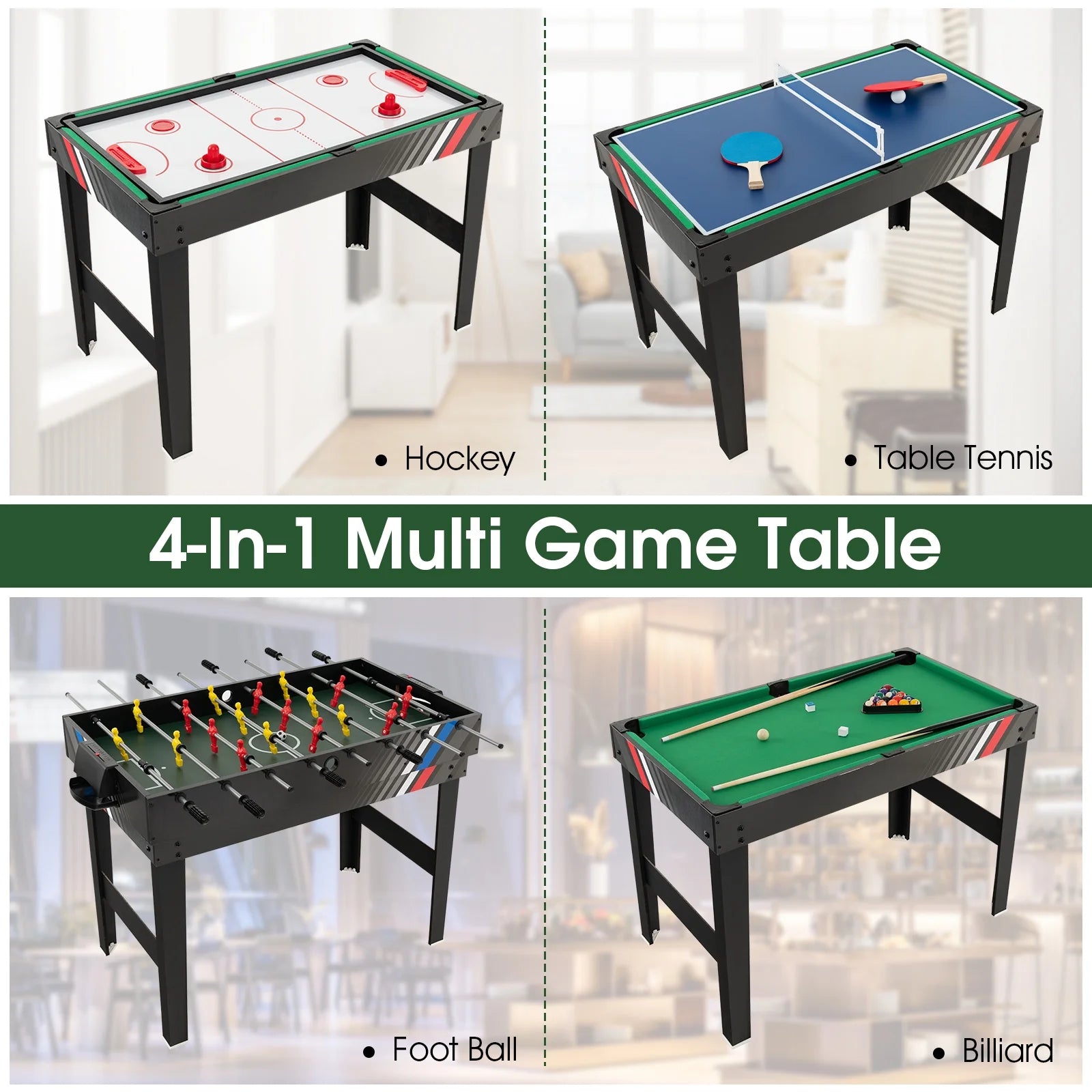4-In-1 Combo Game Table 49" Foosball with Pool Billiards Air Hockey Table Tennis