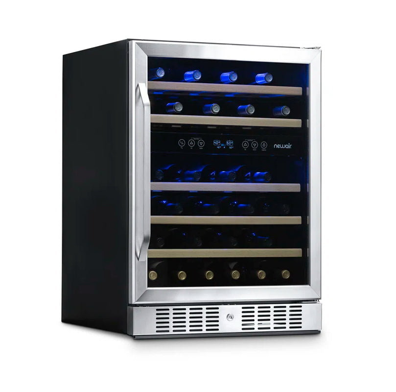 24” Built-In 46 Bottle Dual Zone Wine Cooler with Removable Beechwood Shelves in Black Stainless Steel
