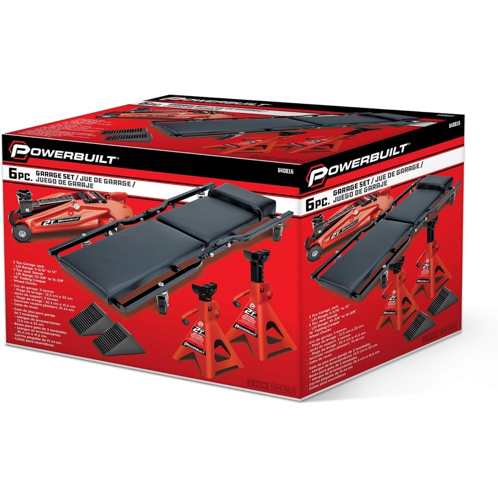 Powerbuilt 6 Piece Car Jack and Garage Creeper Service Set, 2 Ton Vehicle Lift, Jackstands, Folding Creeper, Wheel Chocks, Car Repair Garage Equipment - 640816, Large, Red