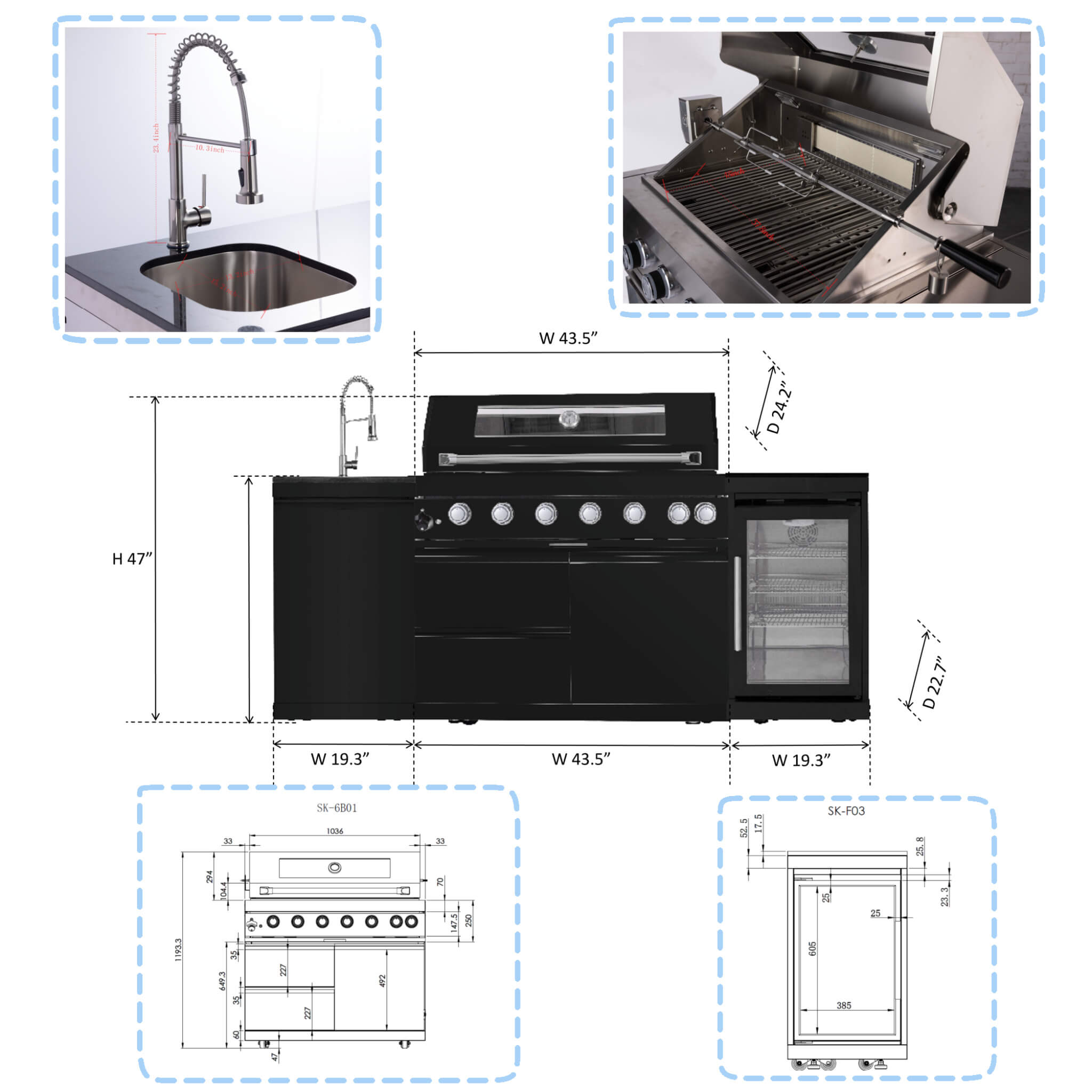 Castelle Flame 85K BTU Outdoor BBQ Kitchen Grill Island With 43-Inch 6-Burner Grill, Wine Fridge, Rotisserie Kit, And Sink