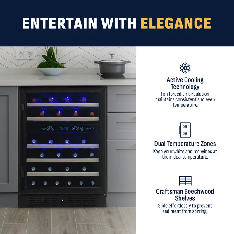 24” Built-In 46 Bottle Dual Zone Wine Cooler with Removable Beechwood Shelves in Black Stainless Steel