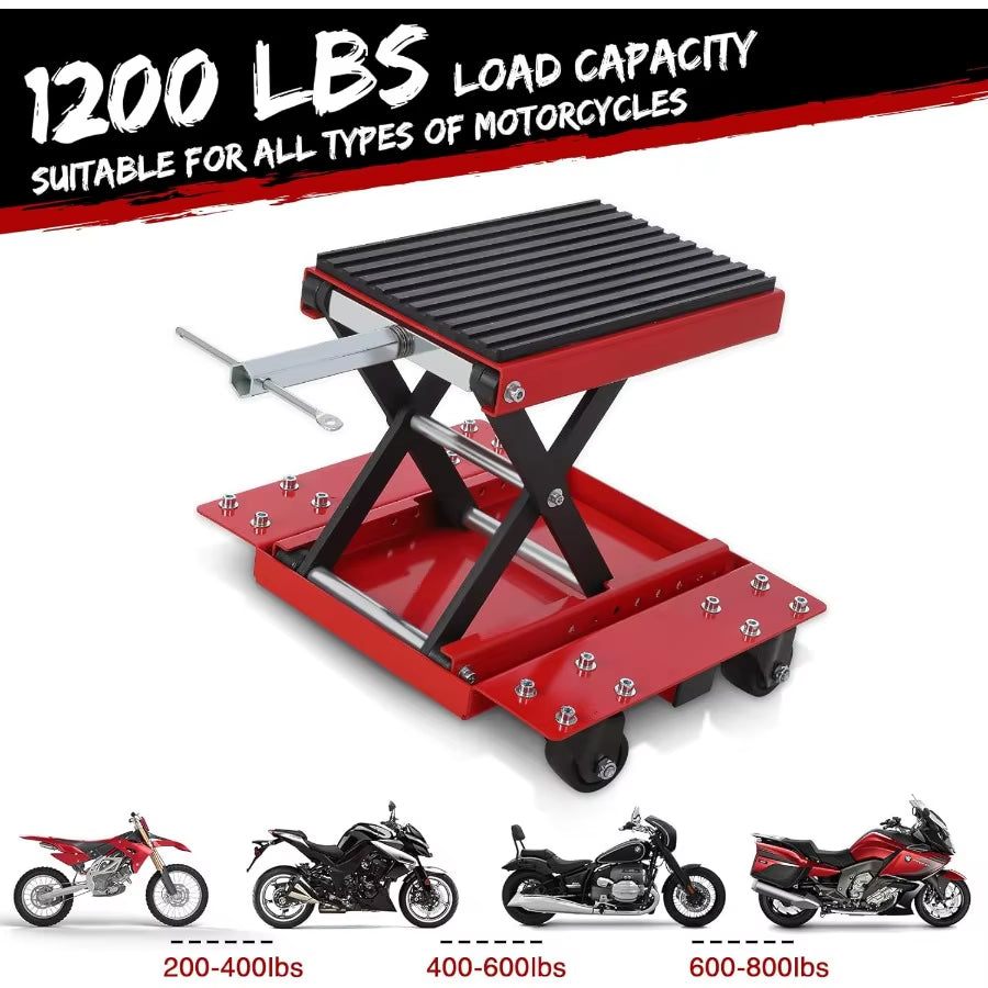 1200Lbs Motorcycle Jack with Dolly for Dirt Bike ATV Cruiser Bikes Scissor Lift Hoist Stand with Wide Deck and Safety Pin Ideal