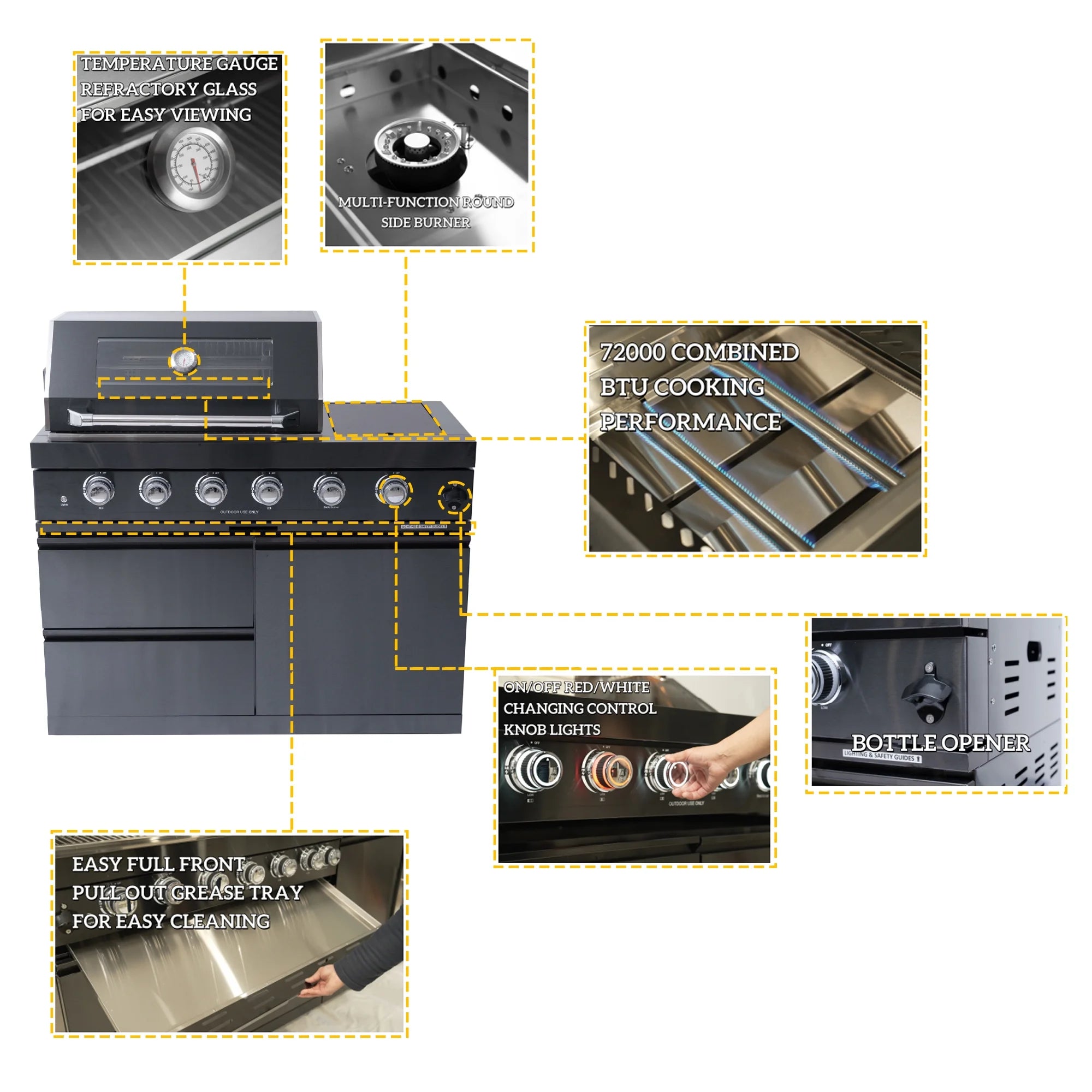 Outdoor Kitchen Island Black Stainless Steel with Sink & 46-Inch 4-Burner 72000 BTU Grill, Wine Cooler, Refrigerator, Rotisserie Kit & Granite Countertops