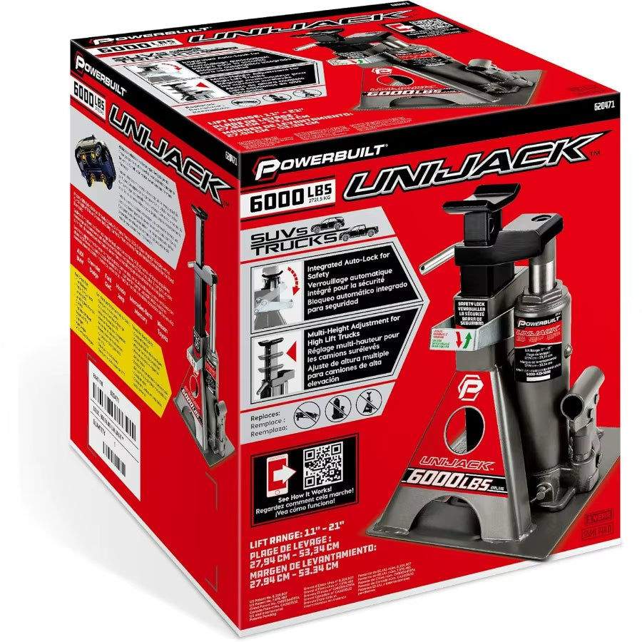 3 Ton, Bottle Jack and Jack Stands in One, 6000 Pound Capacity, All-In-One Car Lift, Heavy Duty Vehicle Unijack, Wide Base, 6204
