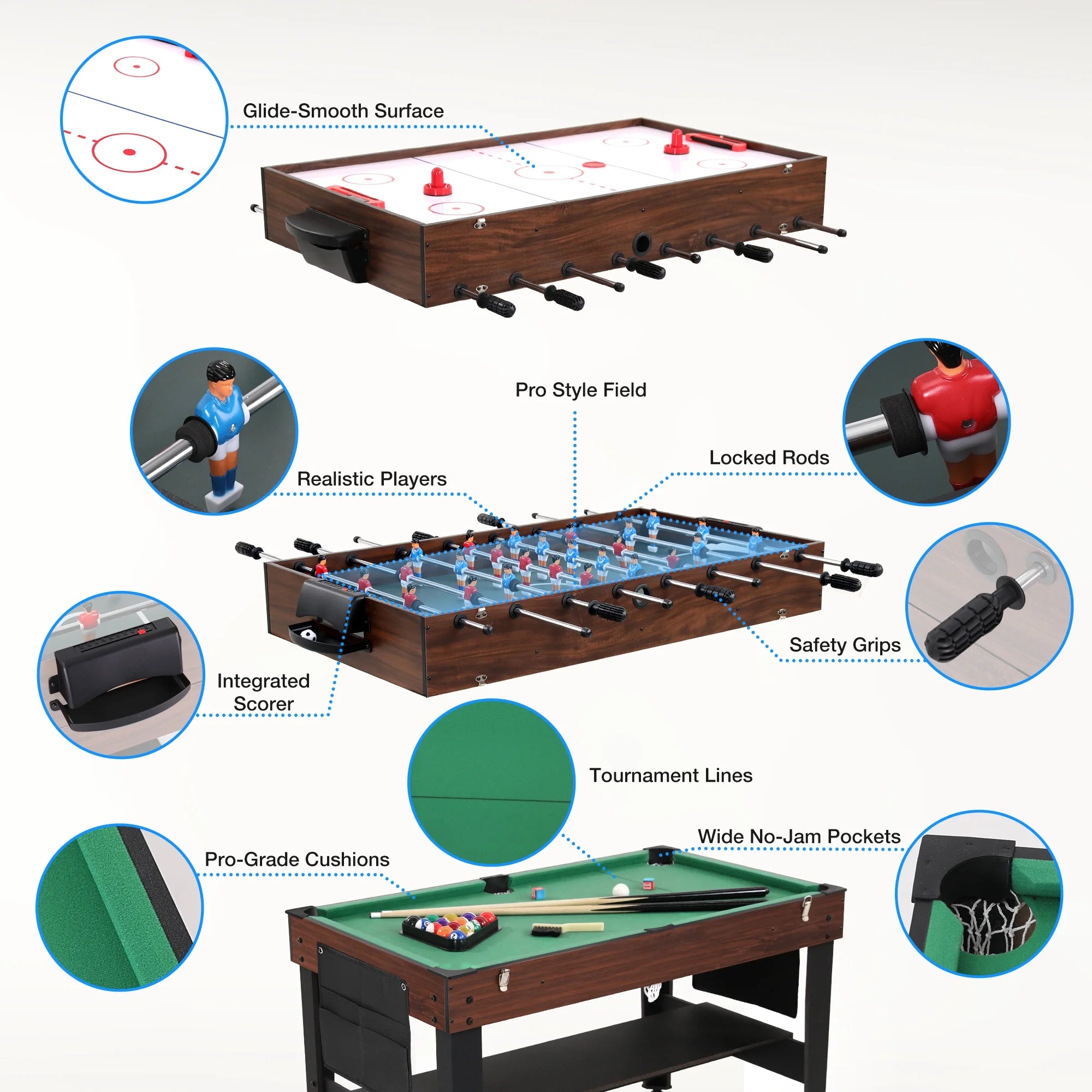 Mesa De Juego 3 En 1 Con Air Hockey, Foosball, Pool, Mesa De Juego Múltiple De 48'' Con Todos Los Accesorios Y Almacenamiento, Mesa De Juego Combinada Nivel Profesional Para Adultos Niños Sala De Juegos Familiar