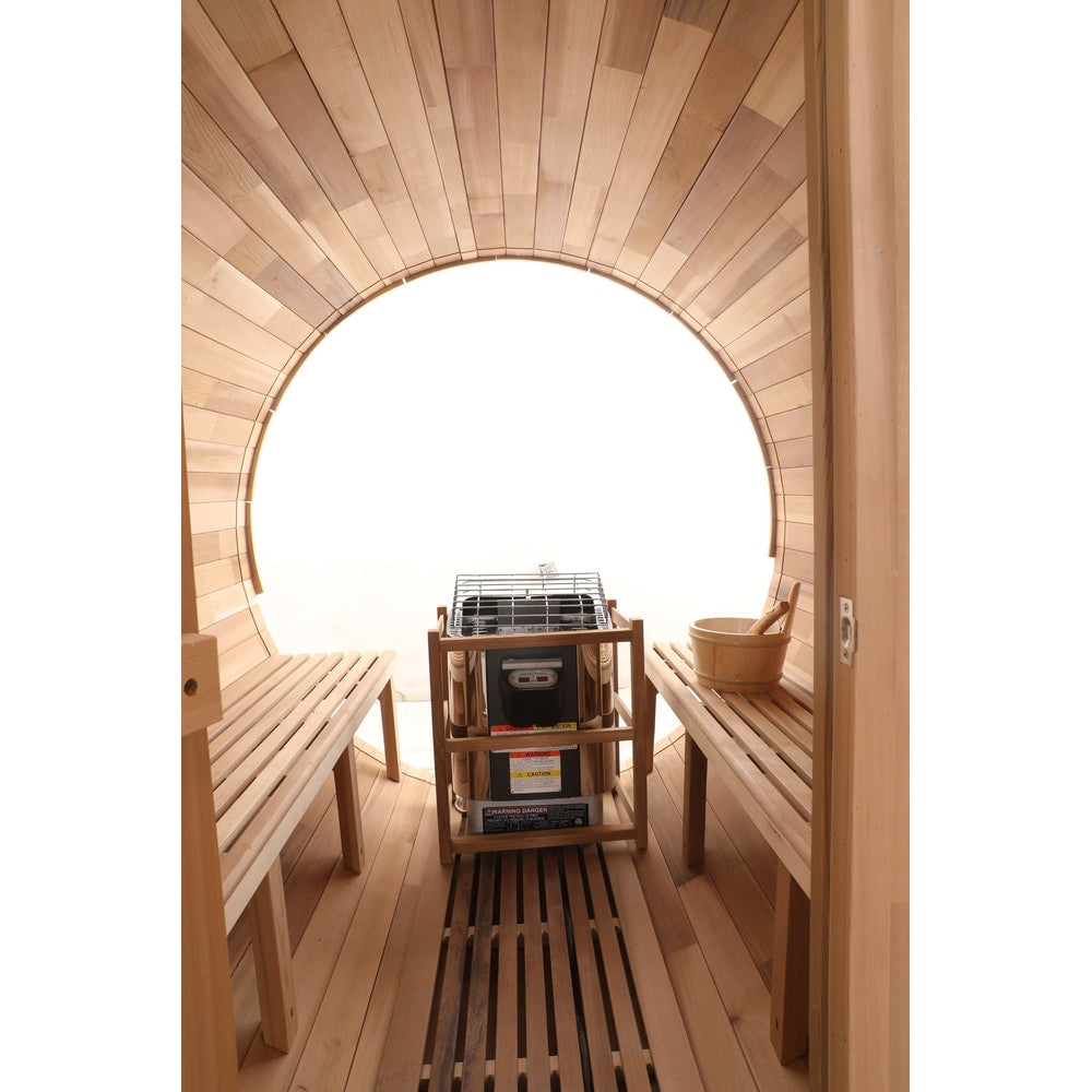 Blisspod, Prague, Canadian Red Cedar Outdoor Steam Barell Sauna, 2-4 / 4-6 persons with Full Glass Back & 2 front Porch seats