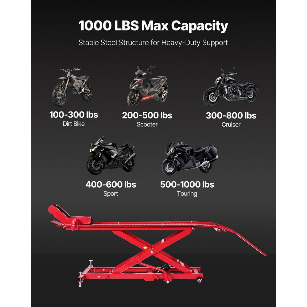 Motorcycle Lift Table, 1000lbs Weight Capacity, 360° Flexible Moving Motorcycle Jack Stand, 8.6-31 in Height Range, Heavy Duty Bike Repair Stand with Security Lock for ATVs, Dirt Bike