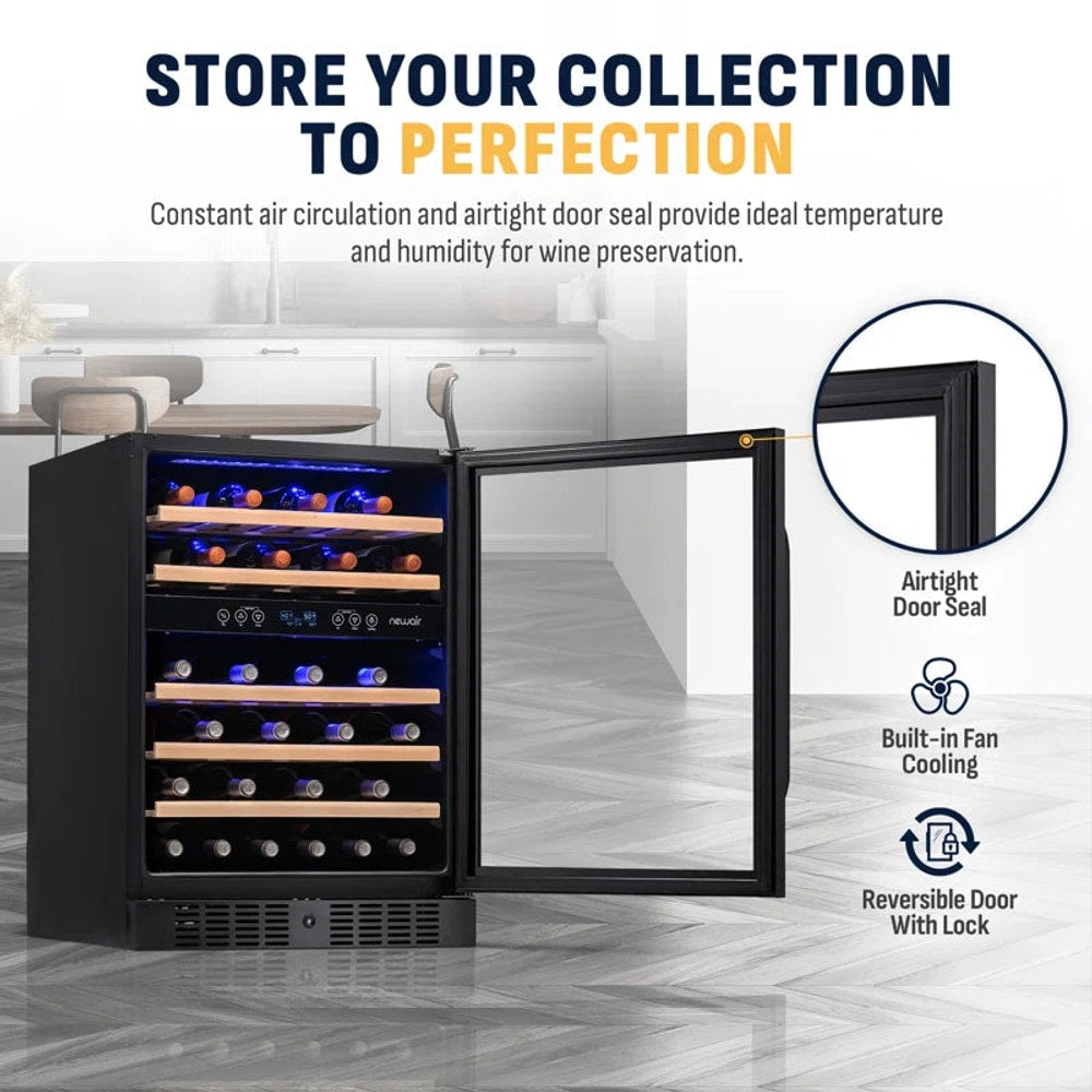 24” Built-In 46 Bottle Dual Zone Wine Cooler with Removable Beechwood Shelves in Black Stainless Steel