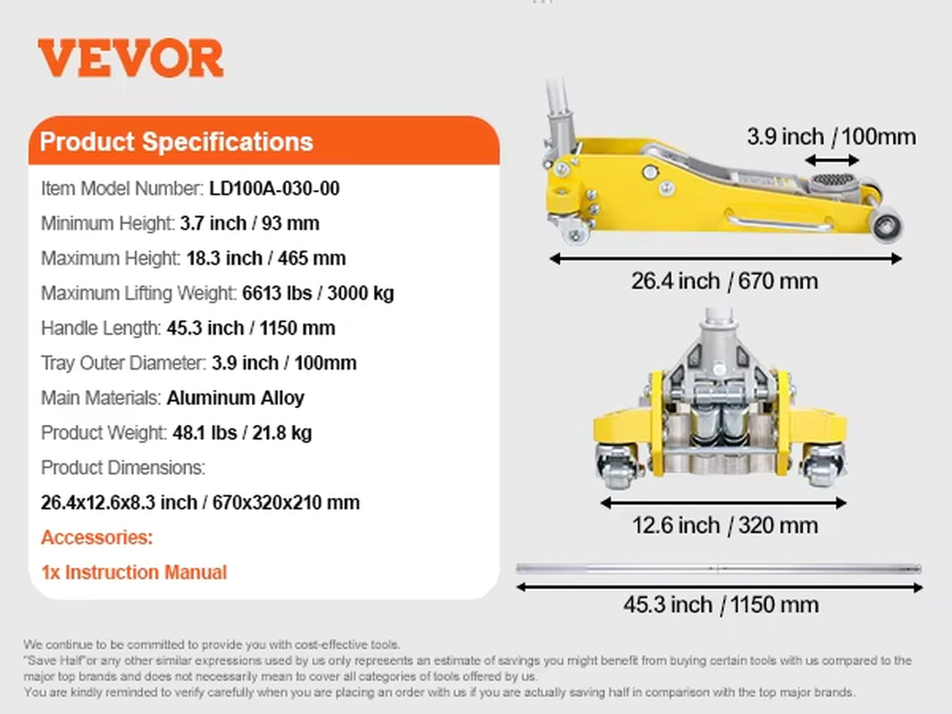 3T/2T Floor Jack Aluminum Hydraulic Racing Jack Hydraulic Car Jack with Dual Piston Quick Lift Pump for Auto Repaire