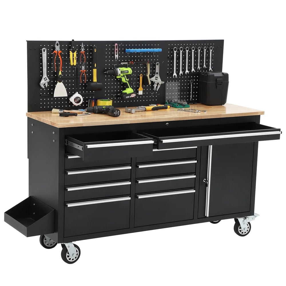 61" Rolling Tool Chest, 10 Drawers Garage Workbench Storage Tool Cabinet with Power Station, Rubber Wood Top, 1675 LBS Load Mobile Workstation, Heavy Duty Cabinet on Wheels