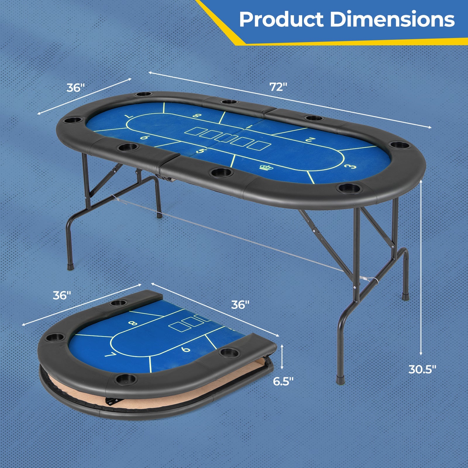 72 x 36 x 30.5 Inch Foldable Poker Table with 8 Cup Holders