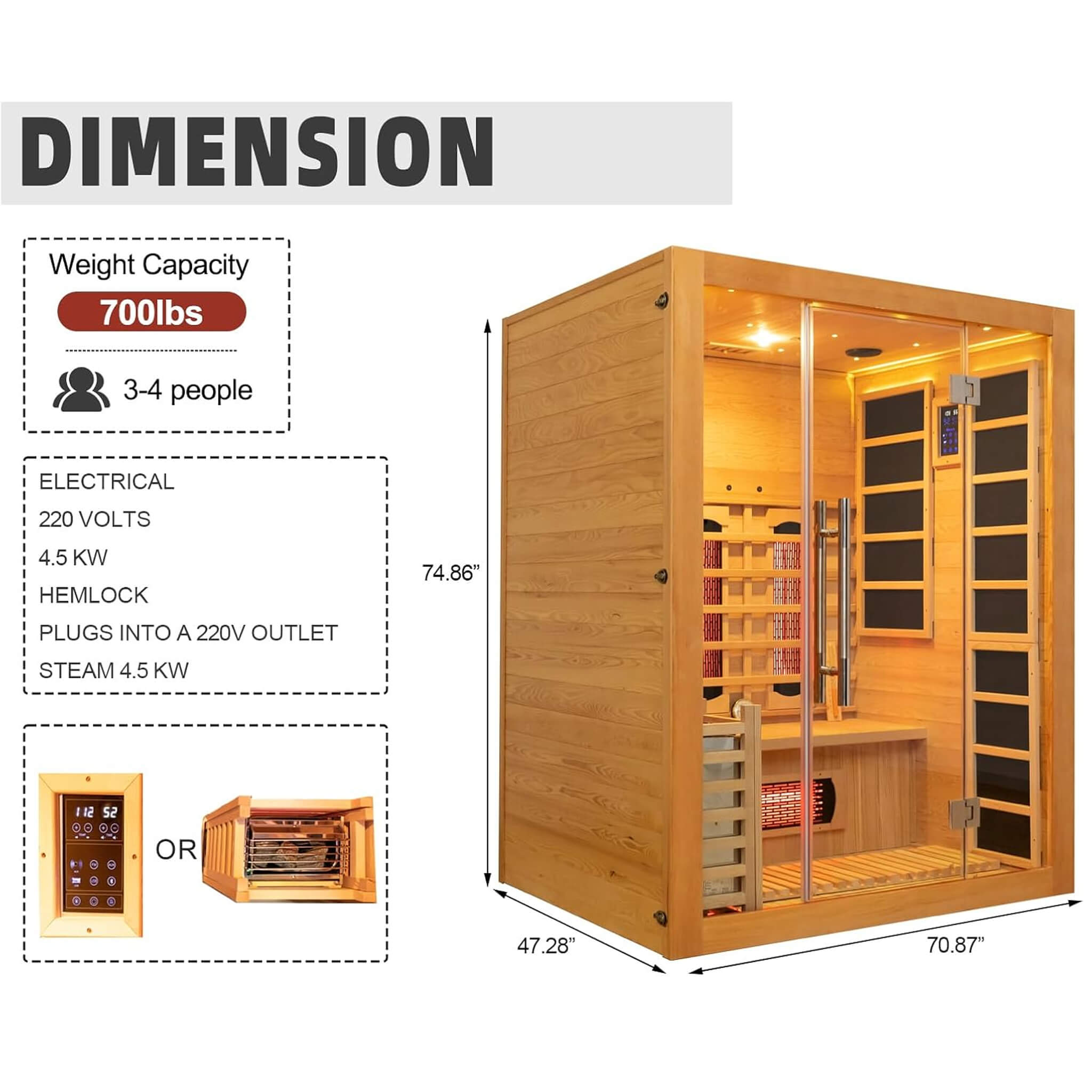 Rövia Aurora 3-Person Indoor Hybrid Sauna Room With Infrared And 4.5KW Steam Heaters